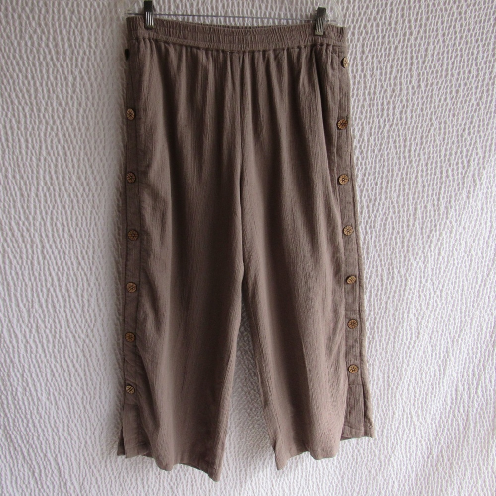 Brown Gauze Fully Lined Pants L 100 Cotton Elastic Buttons Pull on North Style - Picture 7 of 8